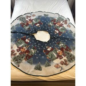 Tree Skirt Snowmen & Forest Friends 51" Round Tapestry Christmas Vtg
